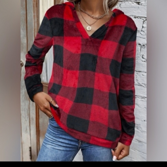 Buffalo Plaid Flannel Hoodie Top - Picture 4 of 6